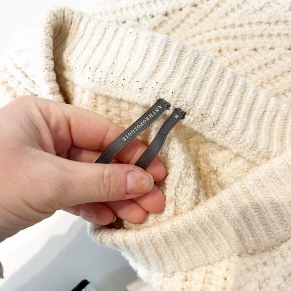 Anthropologie Tulle-Sleeve Pullover Knit Sweater Cream Medium - Picture 3 of 6